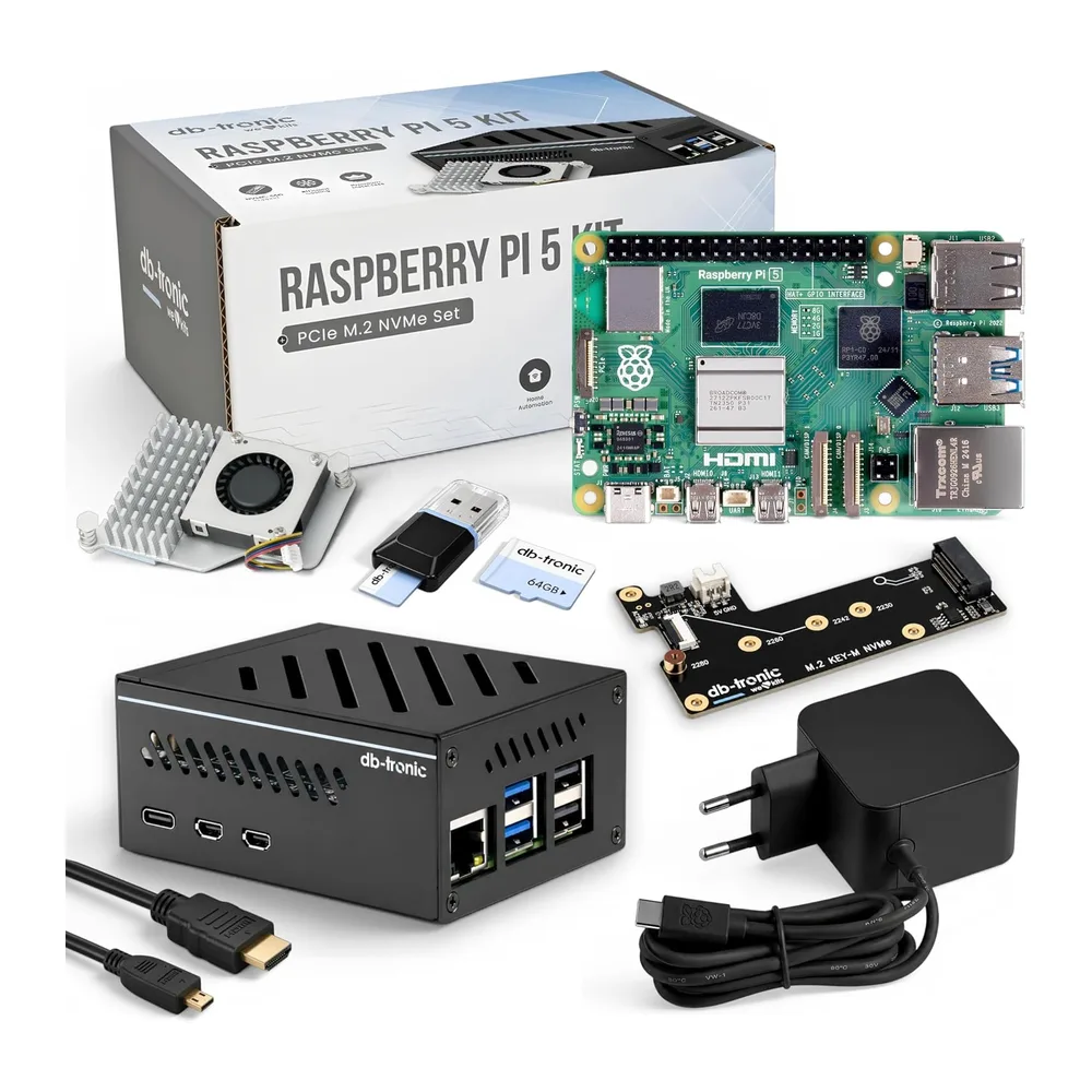db-tronic Raspberry Pi 5 4 GB NVMe Kit | Edición 64 GB | Alimentación 27 W | Carcasa metálica | Refrigeración