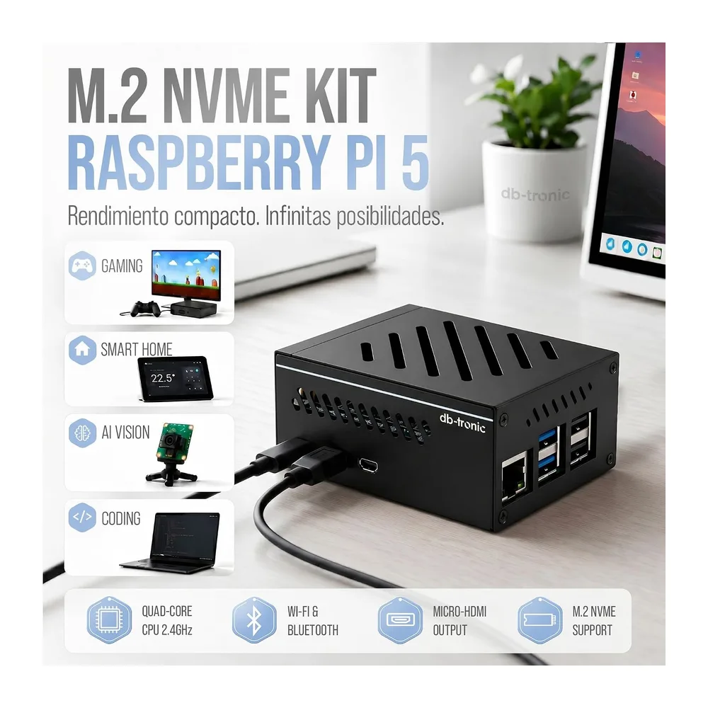 db-tronic Raspberry Pi 5 4 GB NVMe Kit | Edición 64 GB | Alimentación 27 W | Carcasa metálica | Refrigeración — 2