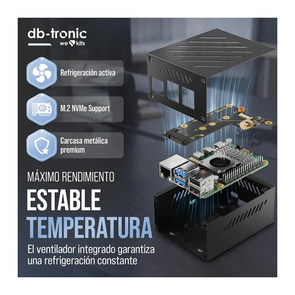 db-tronic Raspberry Pi 5 4 GB NVMe Kit | Edición 64 GB | Alimentación 27 W | Carcasa metálica | Refrigeración — 3
