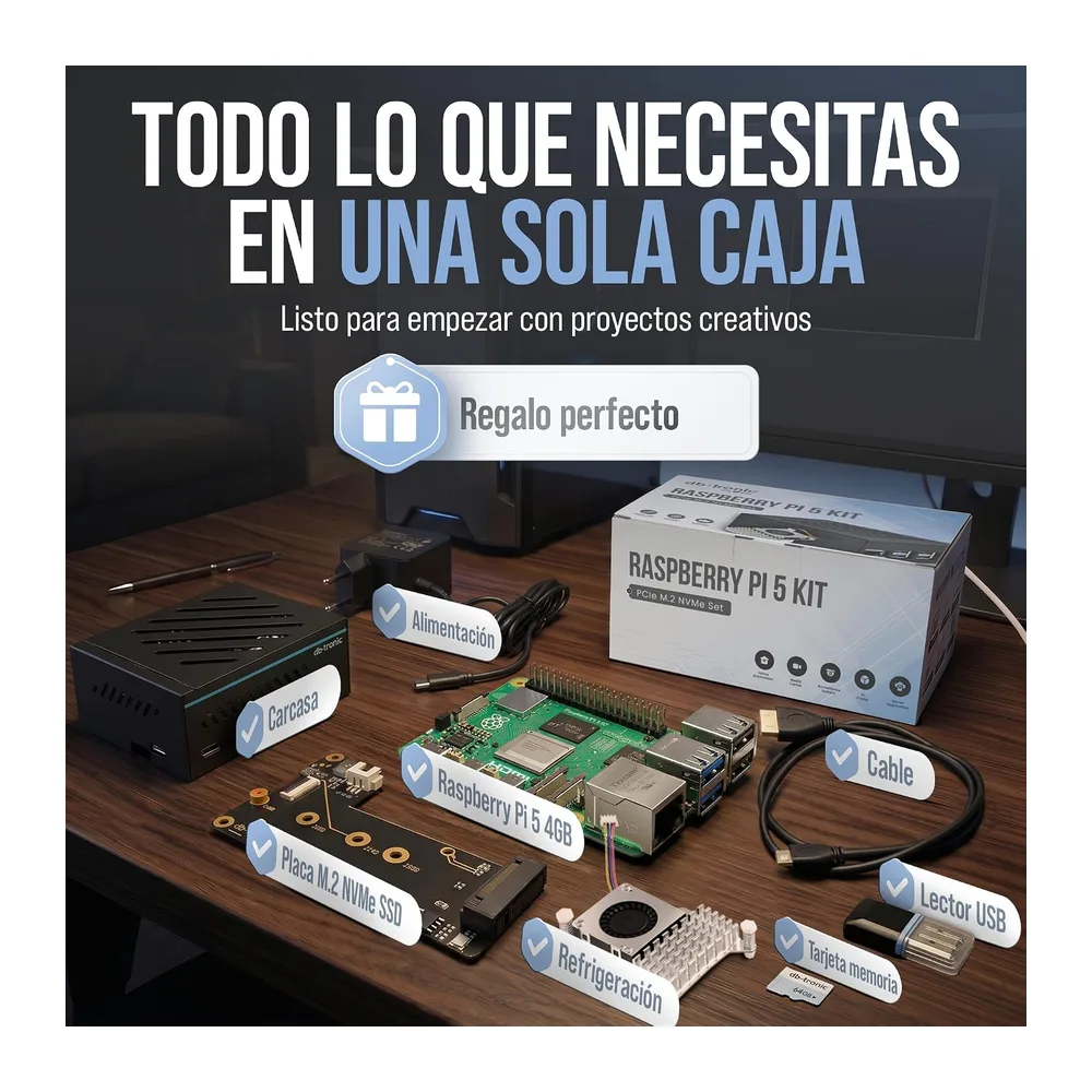 db-tronic Raspberry Pi 5 4 GB NVMe Kit | Edición 64 GB | Alimentación 27 W | Carcasa metálica | Refrigeración — 5