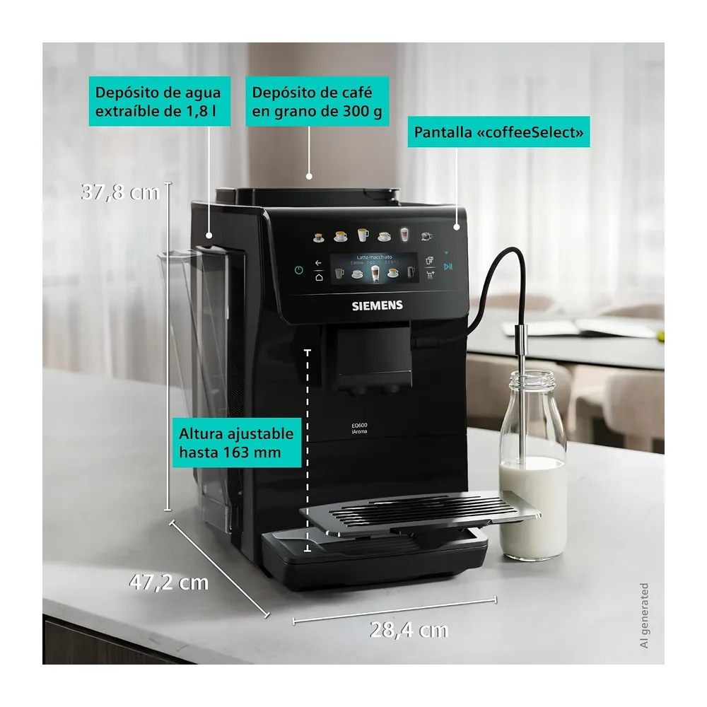 SIEMENS, Cafetera superautomática EQ600 iAroma Negro, TP601E09 — 2