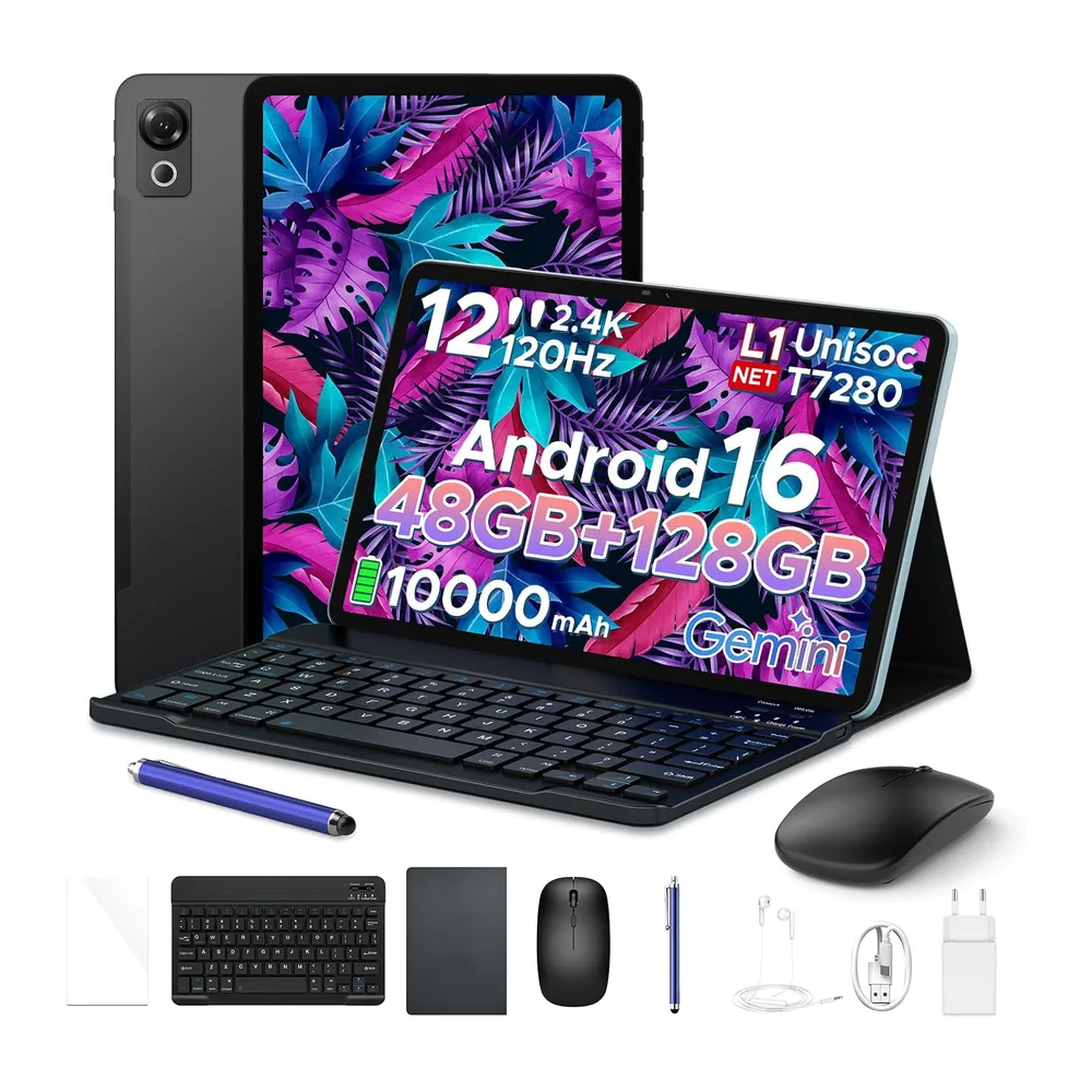 P12 Tablet Android 16, Tablet 12 pulgadas, 48GB RAM+128GB ROM/2 TB TF, IPS 2,4K, Pantalla 120 Hz,