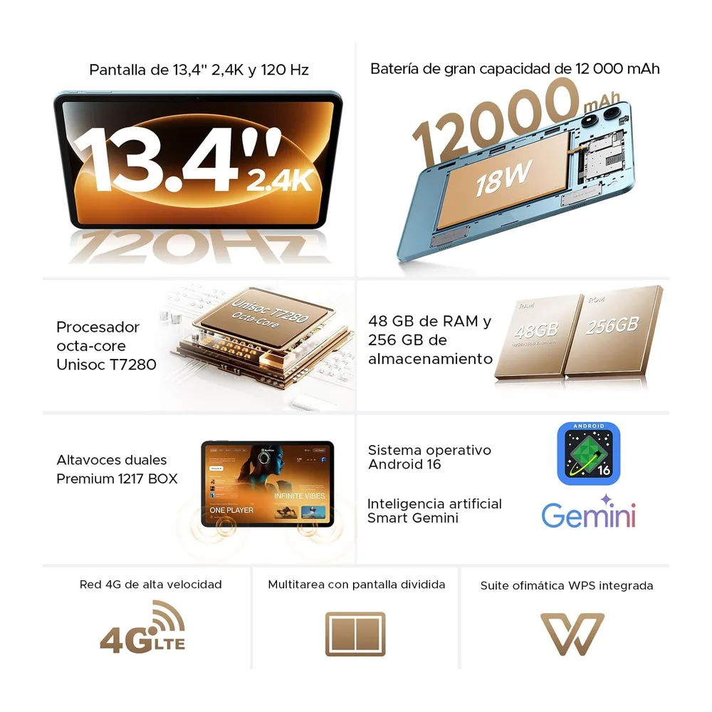 P13 Pro Tablet 13.4 Pulgadas 120Hz Android 16 — 2
