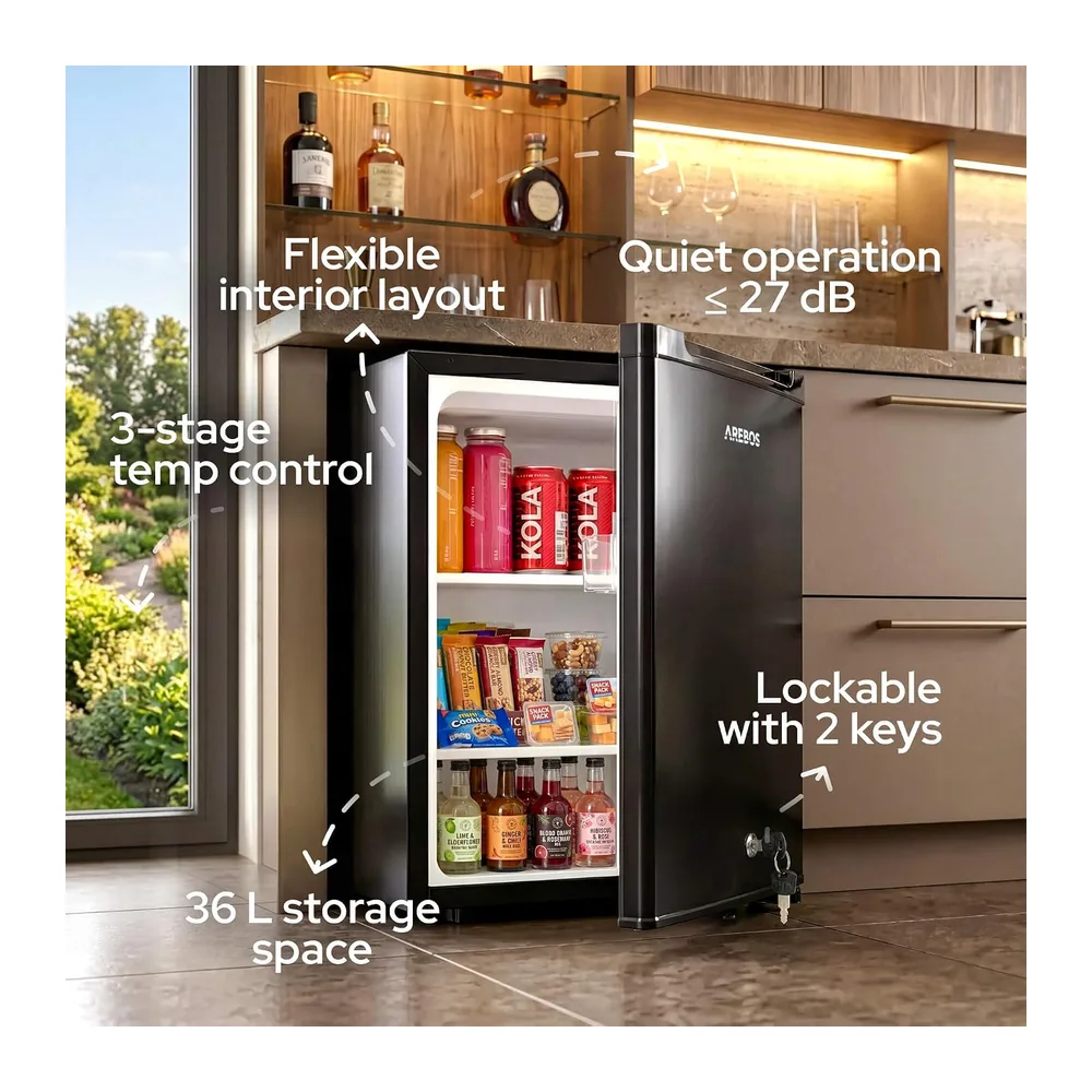 Arebos Mini Frigorífico 40L | Mini Bar Silencioso ≤27 dB | Nevera Compacta con Cerradura, LED y Temperatura — 2
