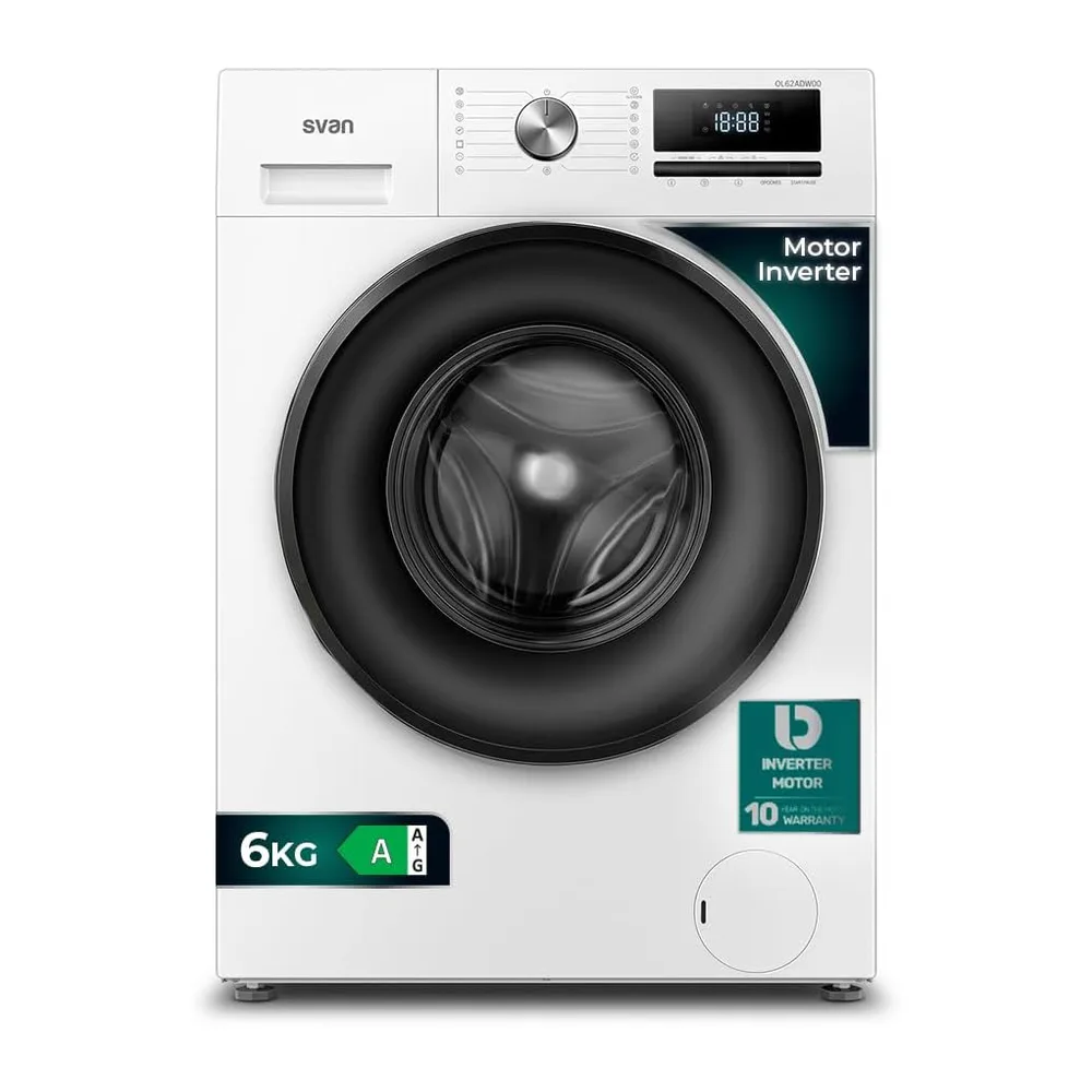Svan Lavadora 6 kg Carga Frontal, Blanco, OL62ADW00. 1600W, 1200 rpm, Motor Inverter, 15 Programas, Función