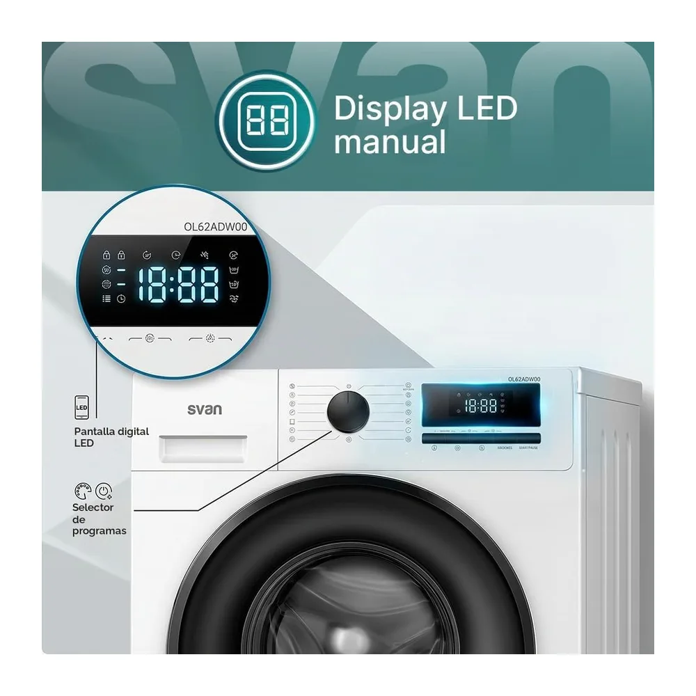 Svan Lavadora 6 kg Carga Frontal, Blanco, OL62ADW00. 1600W, 1200 rpm, Motor Inverter, 15 Programas, Función — 2