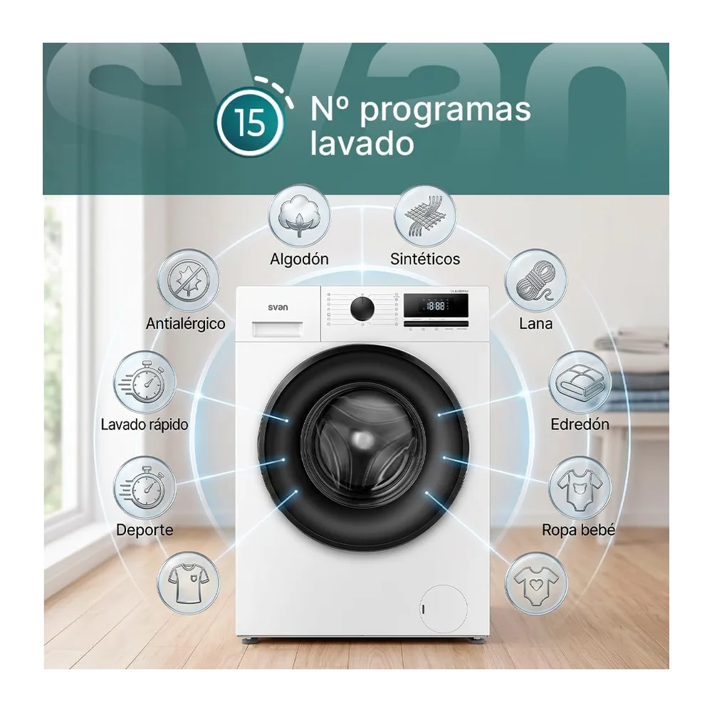 Svan Lavadora 6 kg Carga Frontal, Blanco, OL62ADW00. 1600W, 1200 rpm, Motor Inverter, 15 Programas, Función — 5