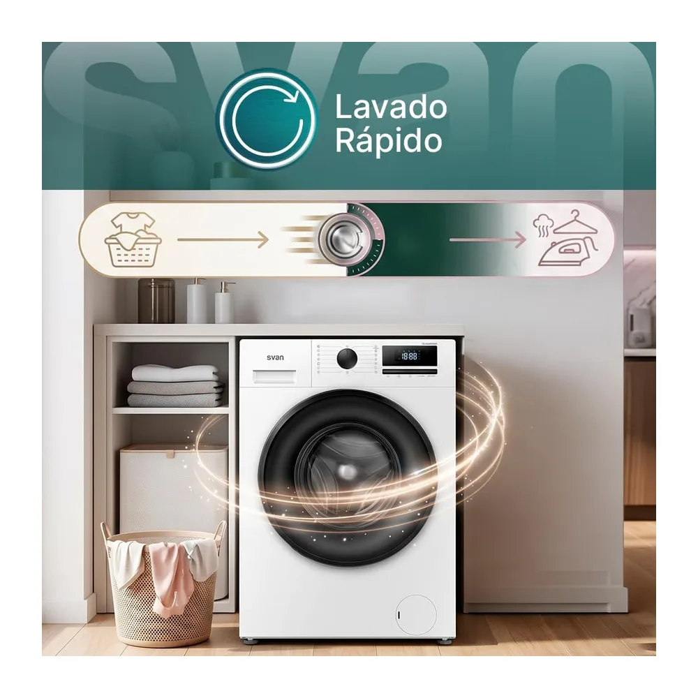 Svan Lavadora 6 kg Carga Frontal, Blanco, OL62ADW00. 1600W, 1200 rpm, Motor Inverter, 15 Programas, Función — 6