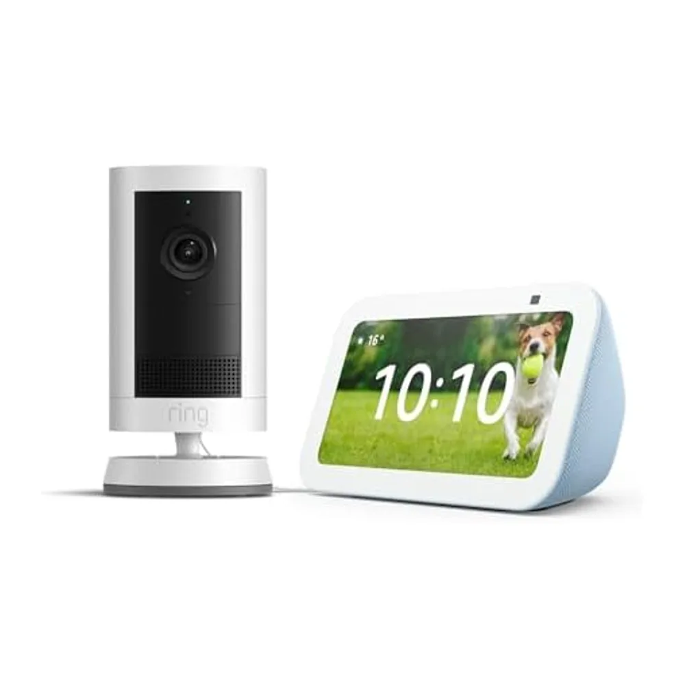 Echo Show 5 (Última generación), Gris azulado + Ring Cámara exterior Plus con batería, Blanco, ve tu cámara