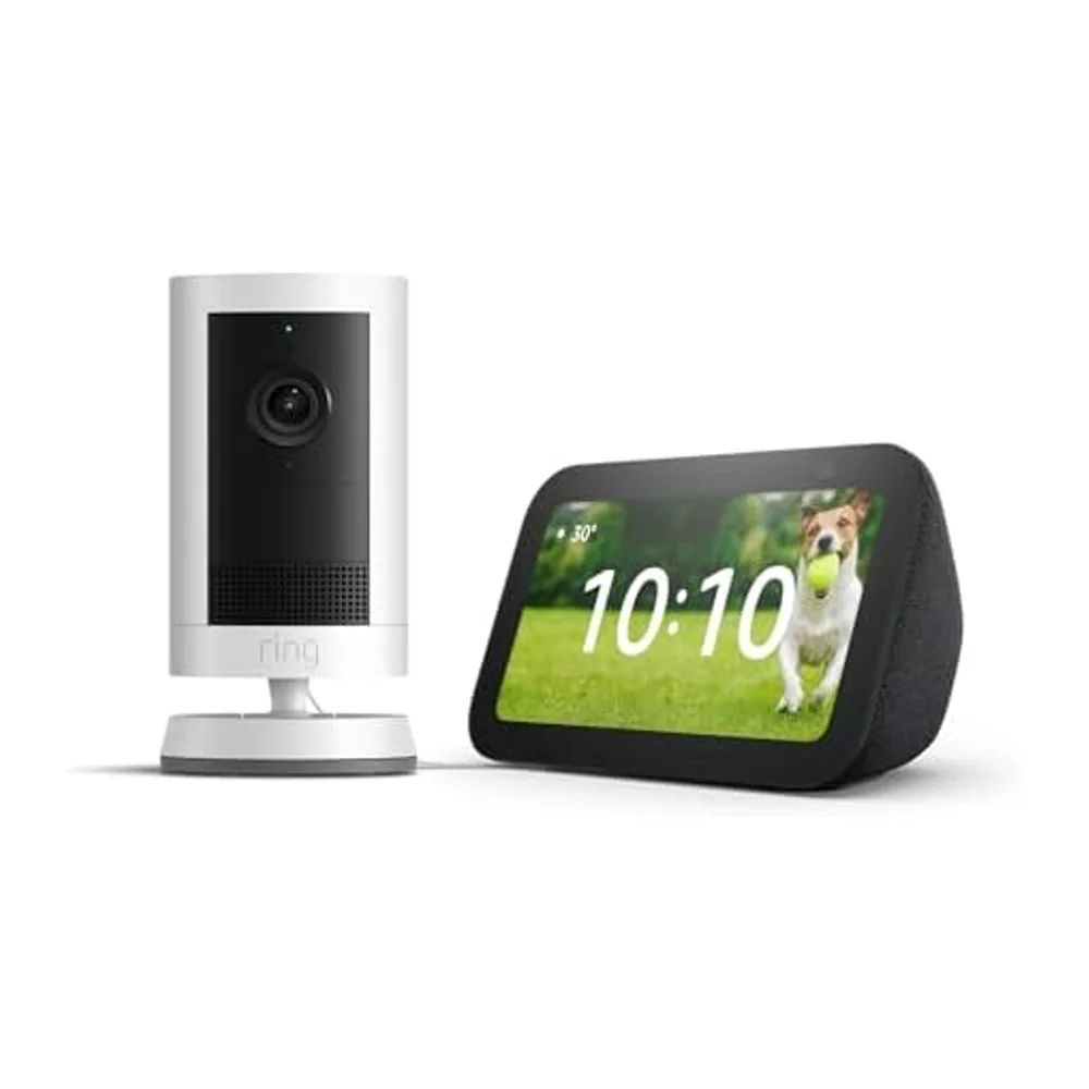 Echo Show 5 (Última generación), Antracita + Ring Cámara exterior Plus con batería, Blanco, ve tu cámara en