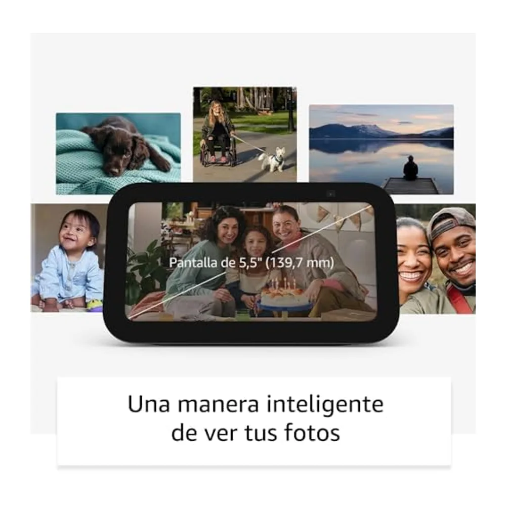 Echo Show 5 (Última generación), Antracita + Ring Cámara exterior Plus con batería, Blanco, ve tu cámara en — 5