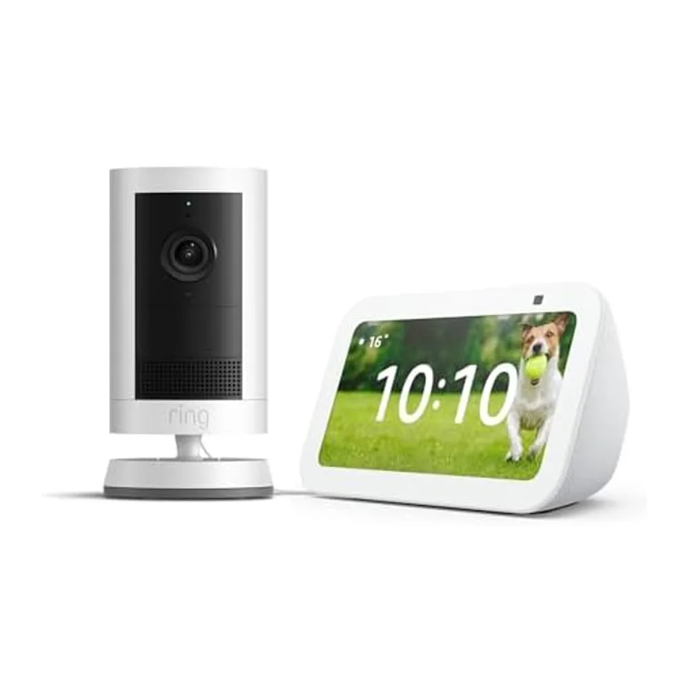 Echo Show 5 (Última generación), Blanco + Ring Cámara exterior Plus con batería, Blanco, ve tu cámara en el