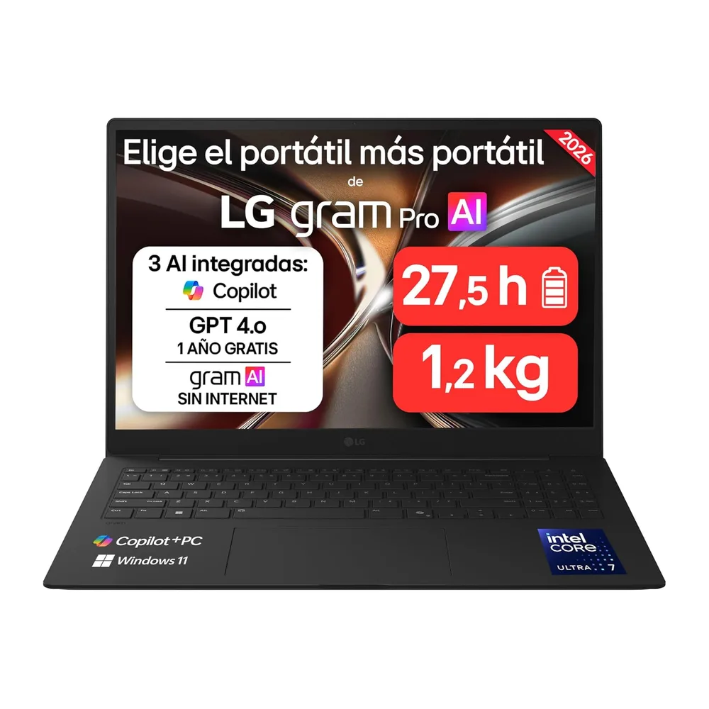LG gram Pro 16Z90U-G.AU85BN - Ordenador Portátil Ultraligero de 16" Intel Core Ultra 7 355, 32 GB RAM, 512 GB