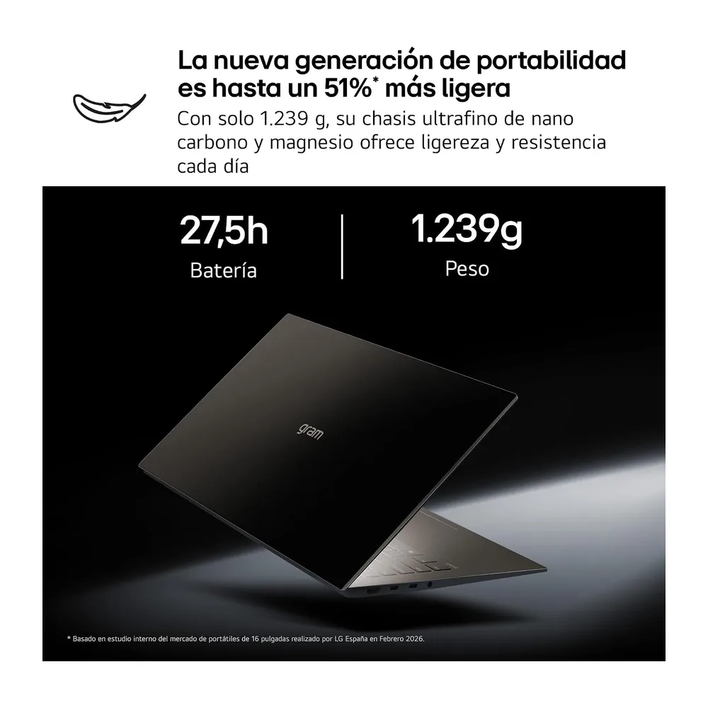 LG gram Pro 16Z90U-G.AU85BN - Ordenador Portátil Ultraligero de 16" Intel Core Ultra 7 355, 32 GB RAM, 512 GB — 3