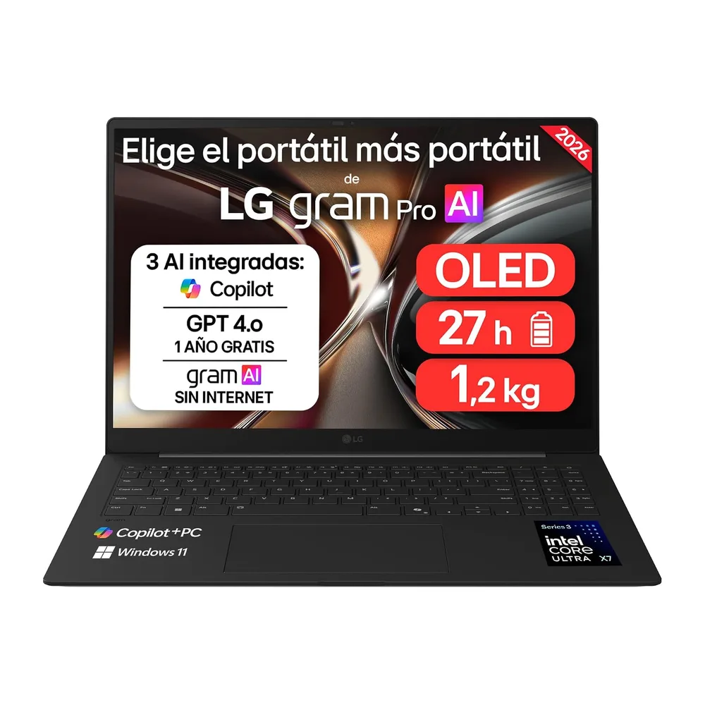 LG gram Pro 16Z90U-K.AUB8BN - Ordenador Portátil Ultraligero de 16" Intel Core Ultra X7 358H, 32 GB RAM, 1 TB