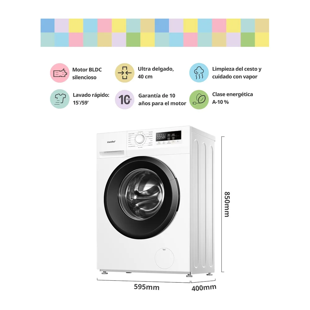 COMFEE' Lavadora 6kg, Ultradelgado 40cm, Clase A-10%, 1200RPM, CFP01EW60W [Clase de eficiencia energética A] — 2