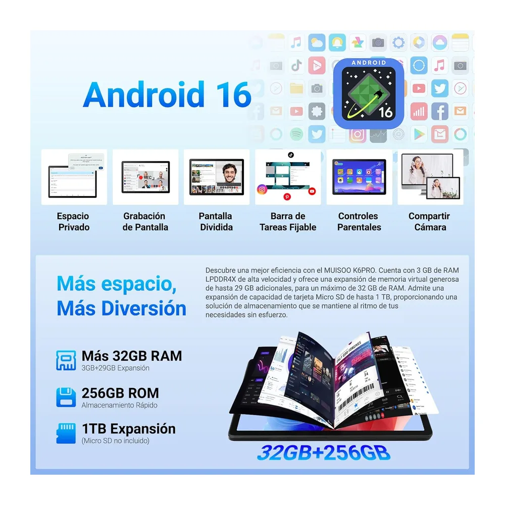 Tablet Android 16, Tableta de 11 Pulgadas, 32GB RAM+256GB ROM (TF 1TB), 7800mAh, 5 Núcleos, 1280 * 800 — 3