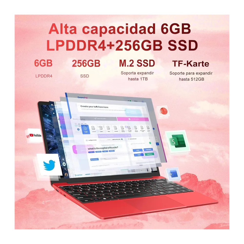 bvate Ordenador portátil 14" 2026 Win 11 N4020 6+128 GB 2.4G+5G -Rojo — 2