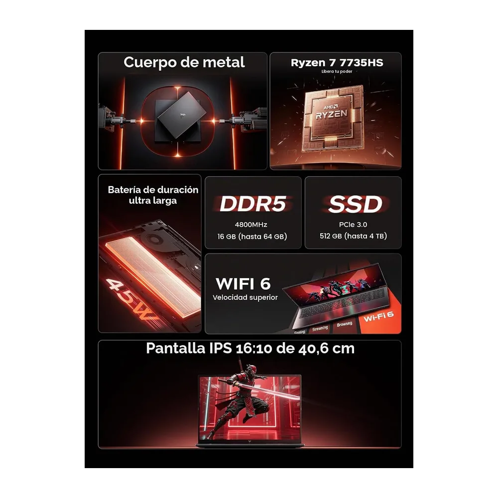 16" Ordenador Portatil Gaming, Ryzen 7 7735HS, hasta 4.75GHz Laptop Oficina — 2