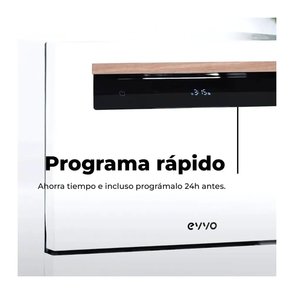 EVVO Lavavajillas Tamaño Compacto, sobremesa o encimera, 6 Servicios, 8 programas, Secado Extra, Programa — 6