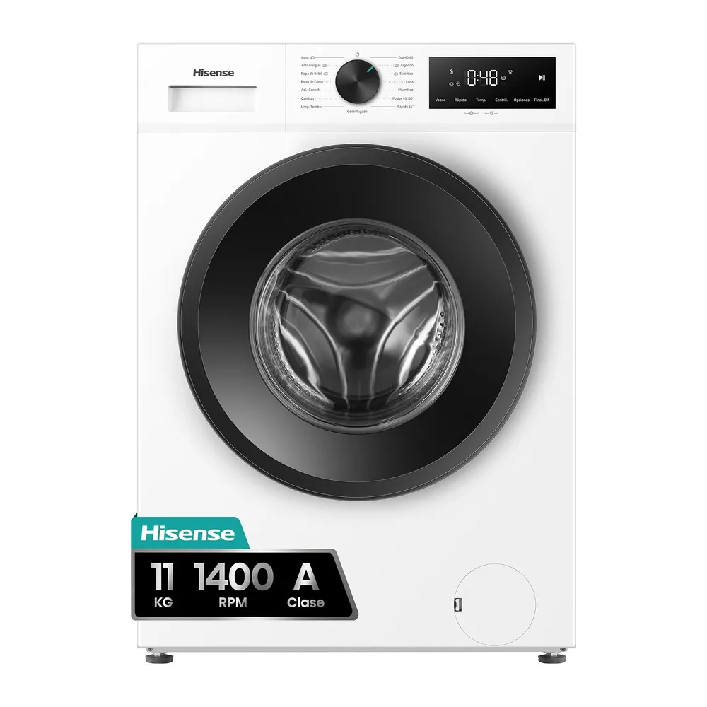Hisense WF1I1142BWL - Lavadora 11 Kg, 1400 rpm, Clase A, Fondo 59cm, Lav. Power 49’ y Rápidos 30' y 15',