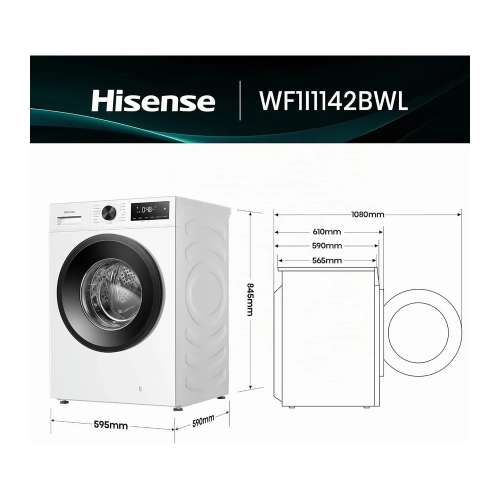 Hisense WF1I1142BWL - Lavadora 11 Kg, 1400 rpm, Clase A, Fondo 59cm, Lav. Power 49’ y Rápidos 30' y 15', — 2