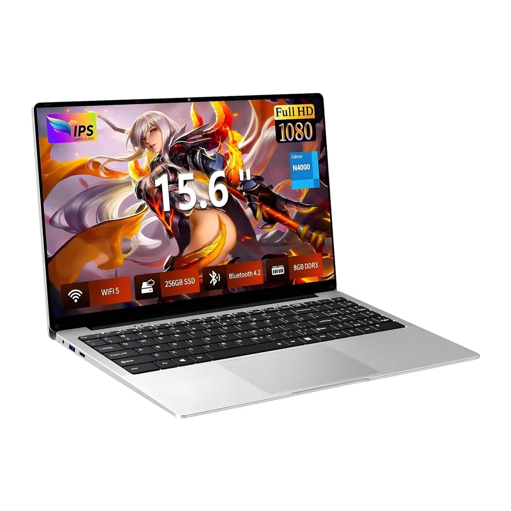 Ordenador Portatil 15,6", PC Portatil con Celeron N4000 hasta 2,6 GHz, 8GB DDR4 256GB SSD, Laptop Pantalla