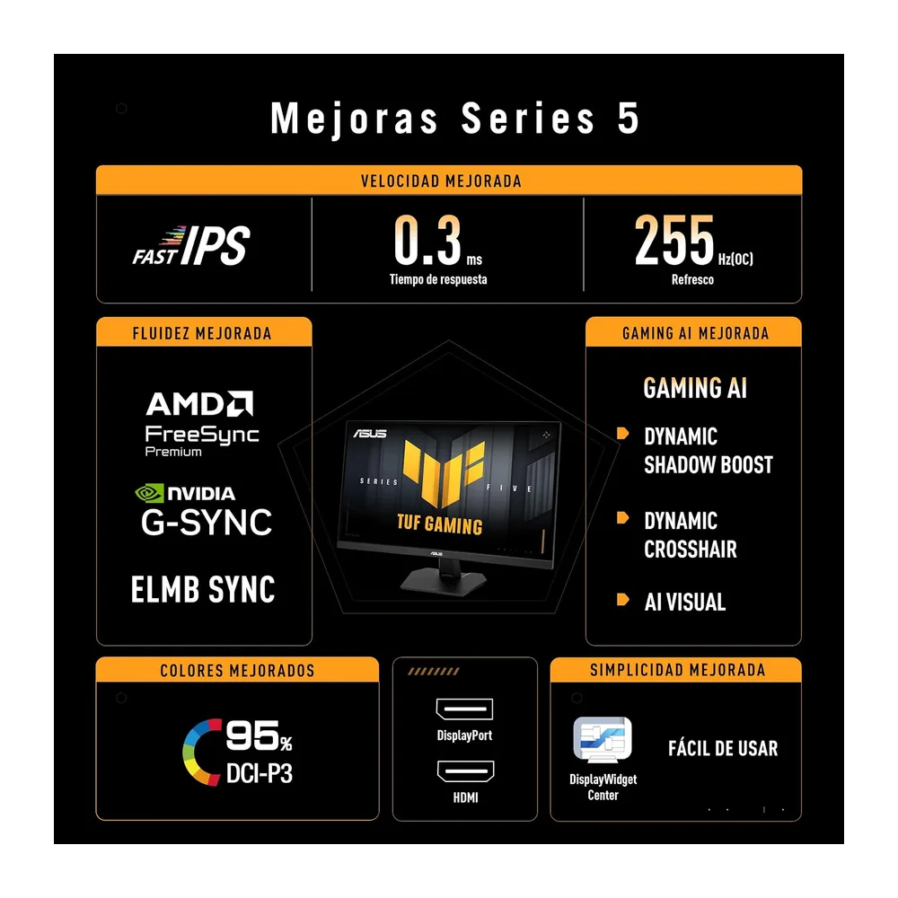 ASUS TUF Gaming VG27AQME5F - Monitor de 27", Panel Fast IPS QHD, 255 Hz (OC), 0,3 ms, G-Sync, AMD FreeSync — 3