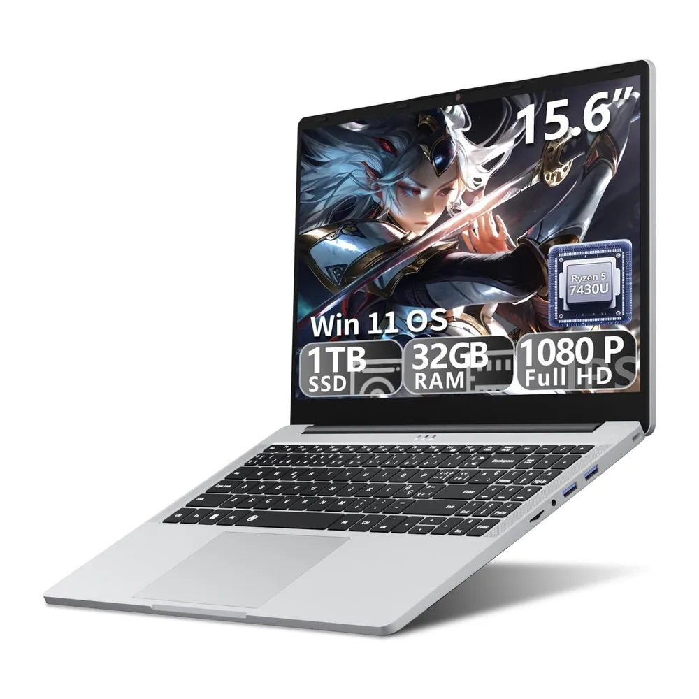 Ordenador Portátil 15,6 Pulgadas, PC Portátil Win 11, Ryzen 5 7430U (4.3GHz) Procesador, 32GB RAM 1TB SSD,