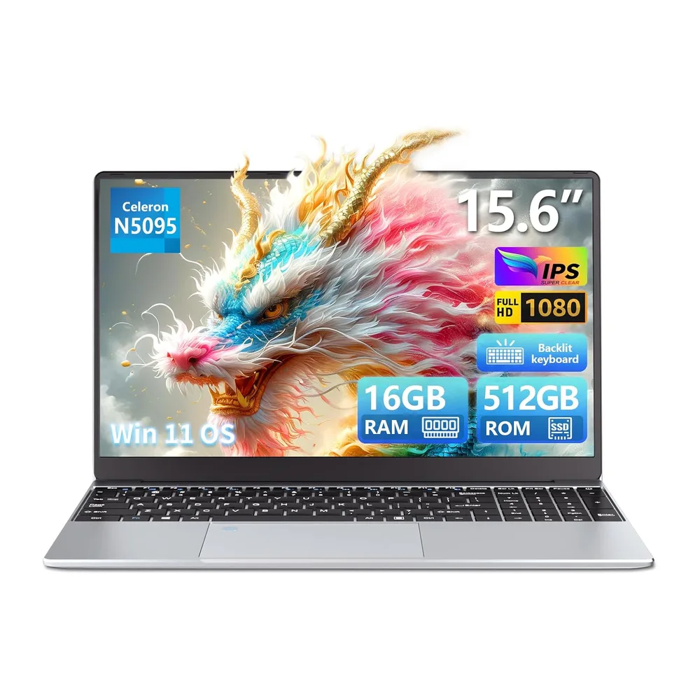 Ordenador Portátil Win 11, 15.6 Pulgadas PC Portatil 16Go LPDDR4 RAM 512Go SSD, Celeron N5095 CPU, Desbloqueo