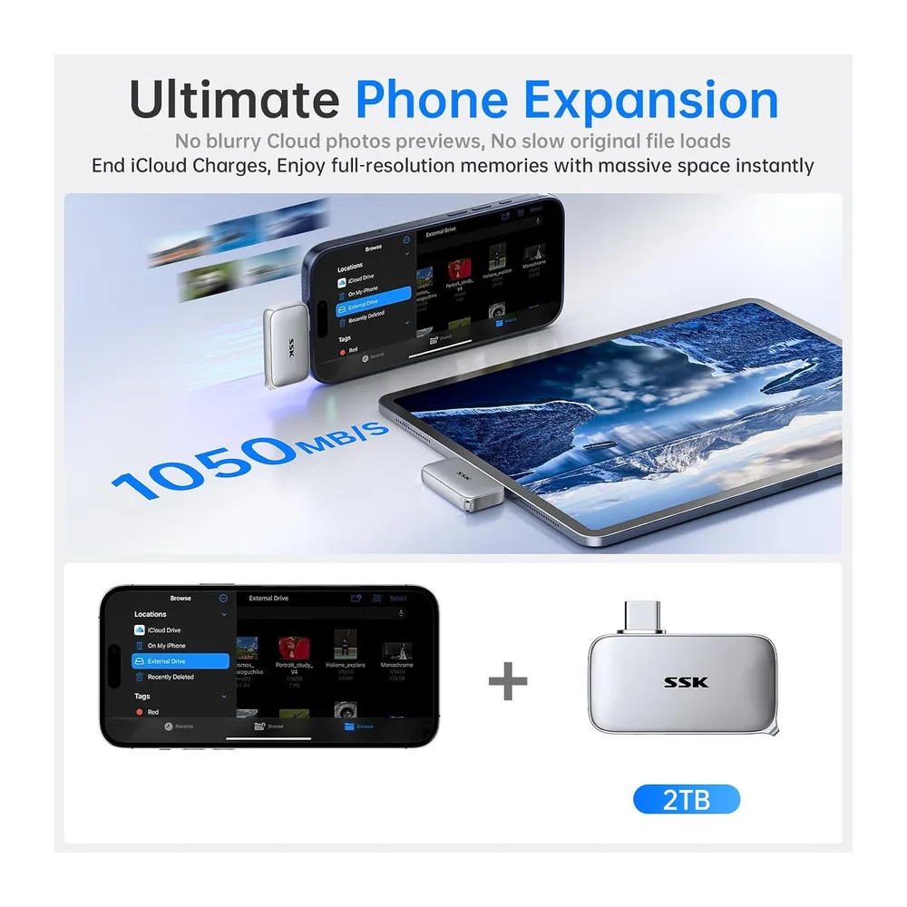 SSK Disco SSD Extreme 2TB, USB 3.2 Gen 2 SSD portátil hasta 1050 MB/s — 2