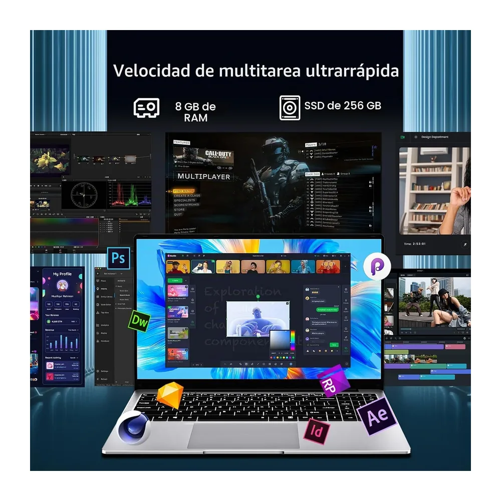 15,6 Pulgadas Ordenador Portátil, Win 11 PC Portátil Celeron N4000 Procesador, Laptop 8GB LPDDR4 256GB SSD, — 3
