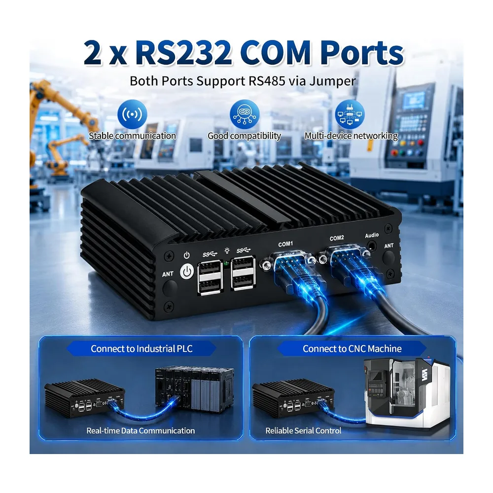 CWWK Mini PC Fanless Industrial N2840, 2X RS232/RS485 COM, 2 x Gigabit LAN, Micro Embedded Mini Computer Box, — 6