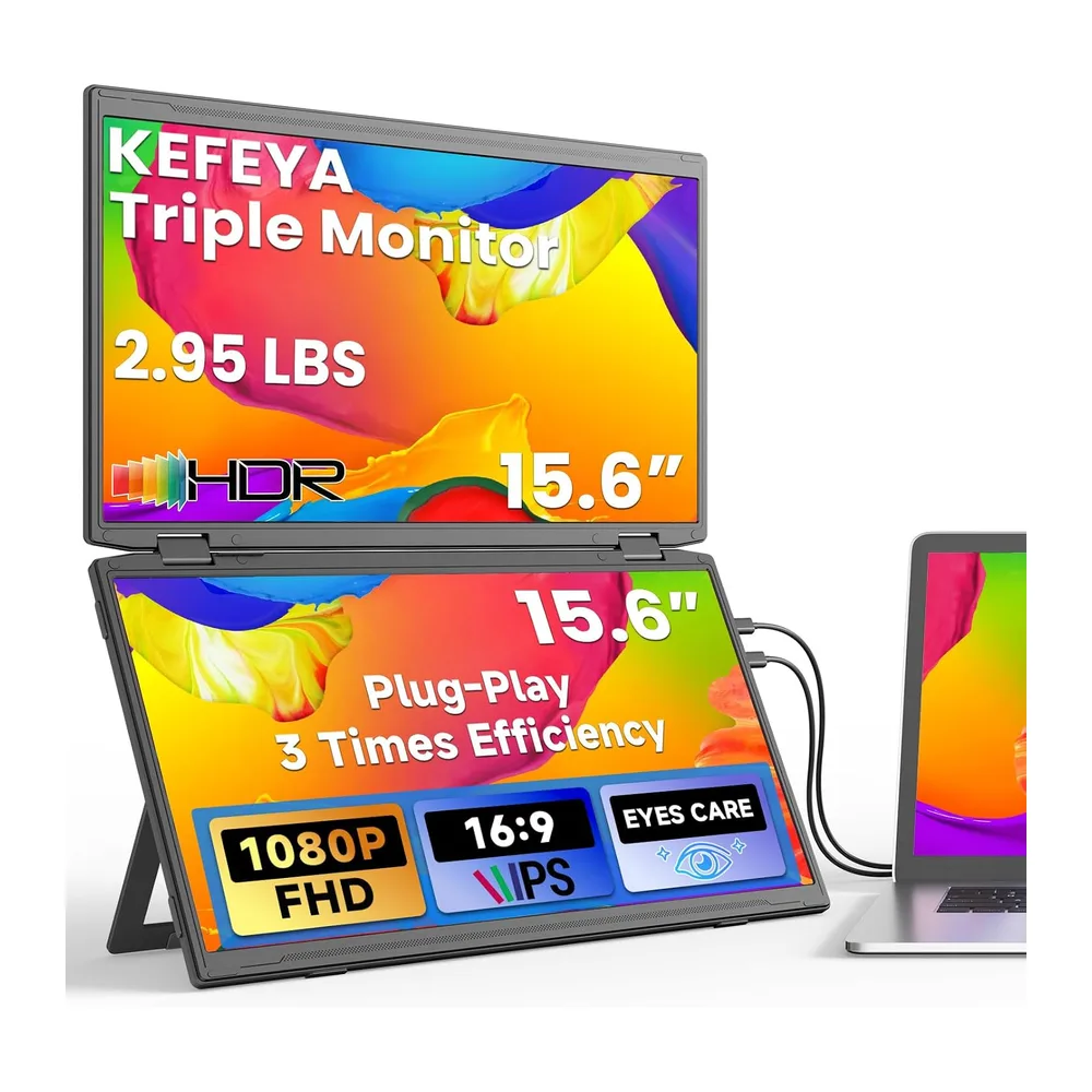 KEFEYA 15,6" Monitor Portátil Doble, IPS 1080P FHD Triple Extensor de Pantalla para Todos Tamaños Laptop,