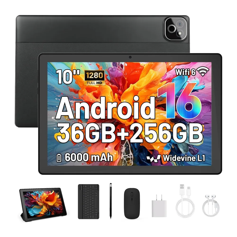 Tablet de 10 Pulgadas, Android 16 Tablet con Teclado, Octa Core, 36GB RAM 256GB ROM (1TB TF Expand) Cámara
