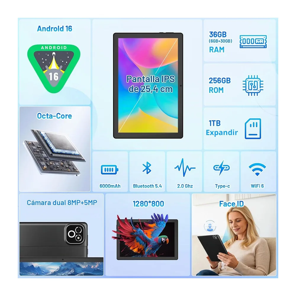Tablet de 10 Pulgadas, Android 16 Tablet con Teclado, Octa Core, 36GB RAM 256GB ROM (1TB TF Expand) Cámara — 2