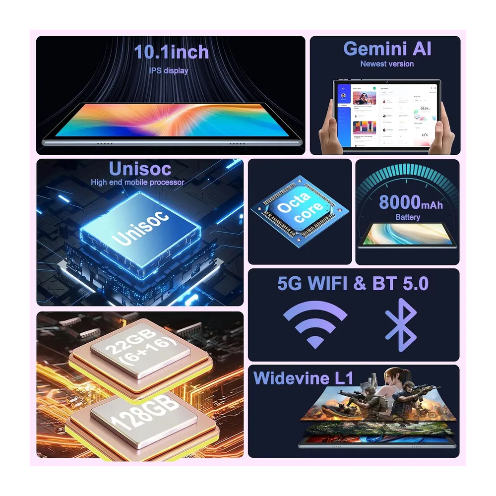 Último Tablet Gemini AI Android, Tablet 10 Pulgadas, 22GB+128GB/TF 1TB, Octa-Core 2.0GHz, 5G WiFi, — 2
