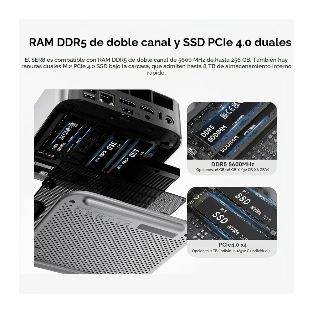 Beelink SER8 Gaming Mini PC, Ryzen 7 8745HS, 32G DDR5, SSD NVMe 512G, Mini ordenador de sobremesa compatible — 4