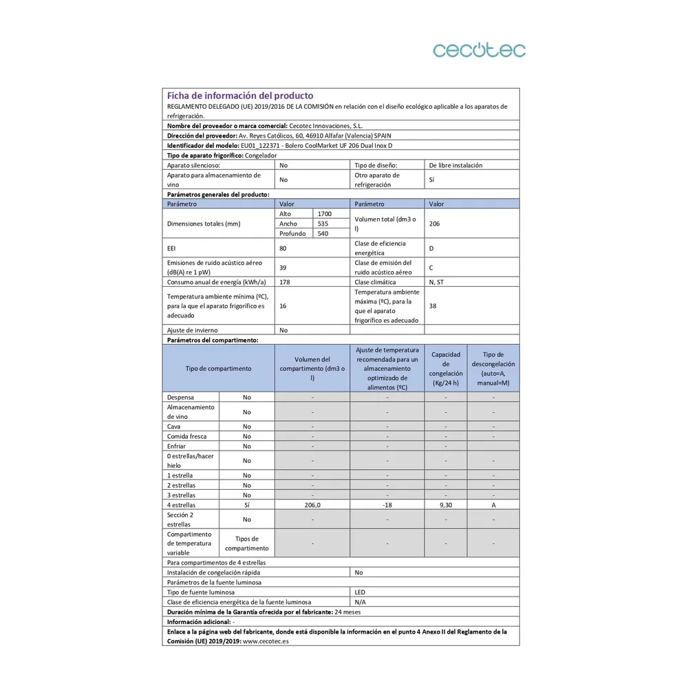 Cecotec Congelador Vertical Dual 206L Bolero CoolMarket UF 206 Dual Inox D [Clase de eficiencia energética D] — 6