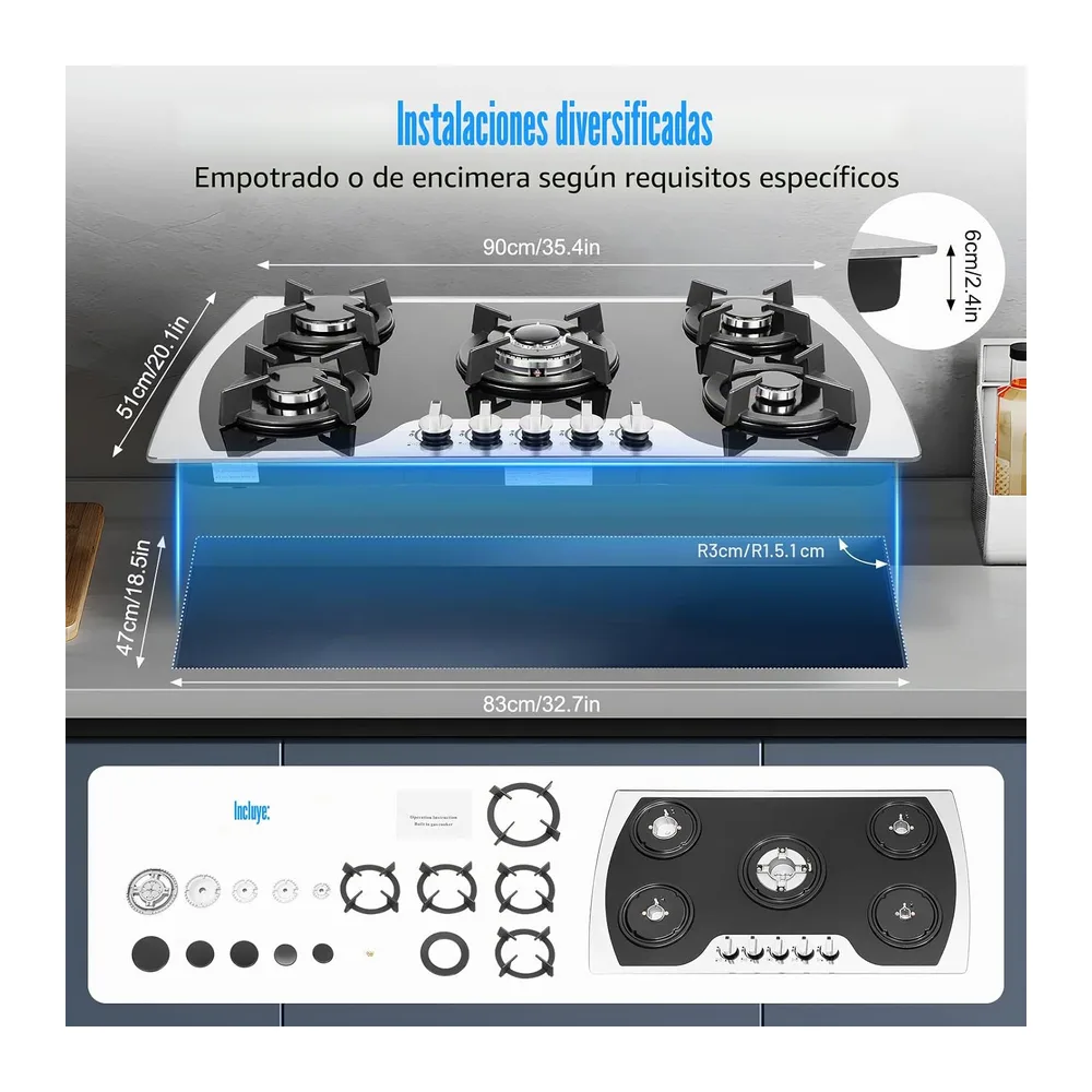 Placa de cocción de gas de 5 fuegos, placa de gas de vidrio templado 90 cm, mesa de cocción de gas natural — 2