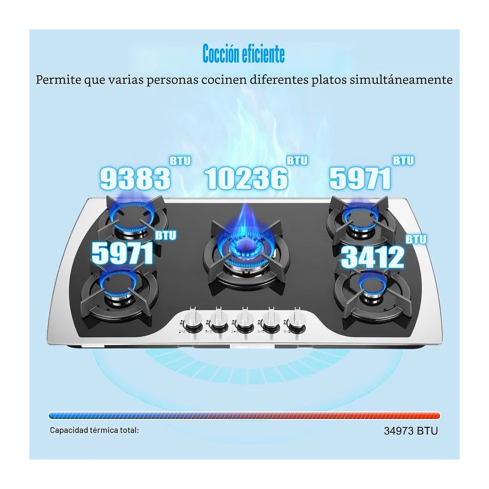 Placa de cocción de gas de 5 fuegos, placa de gas de vidrio templado 90 cm, mesa de cocción de gas natural — 3