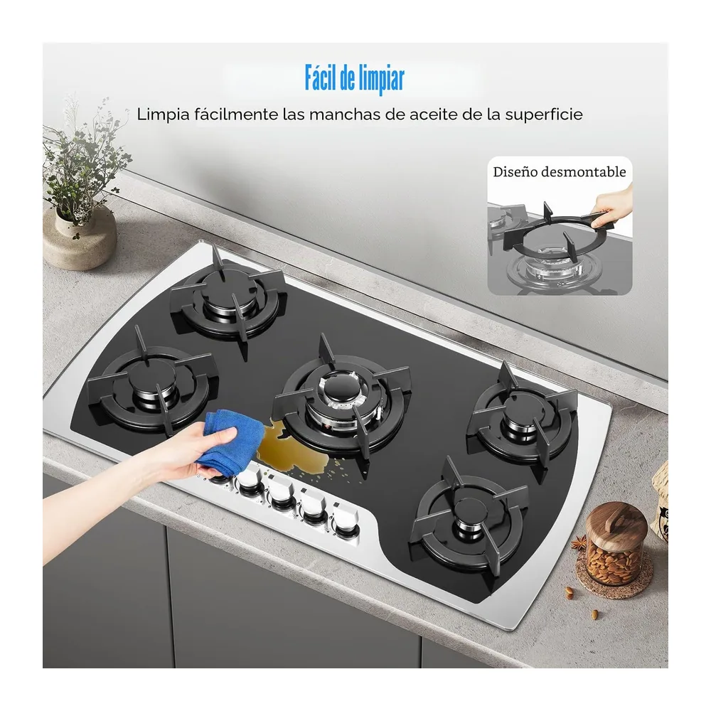 Placa de cocción de gas de 5 fuegos, placa de gas de vidrio templado 90 cm, mesa de cocción de gas natural — 6