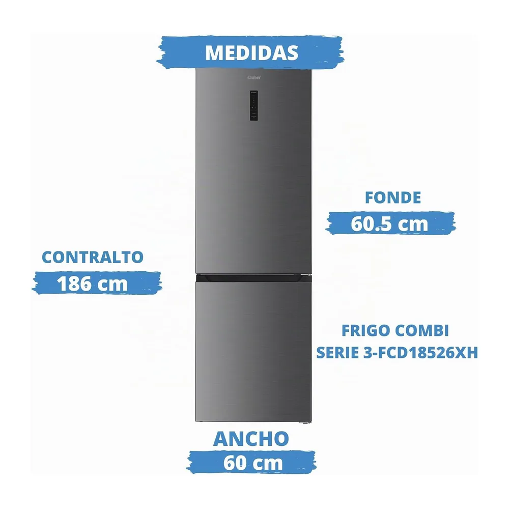 SAUBER, Frigorífico Combi Serie 5-FCD18526XH Tecnología TOTAL NOFROST, Luz LED, E, Puertas Reversibles, INOX, — 3