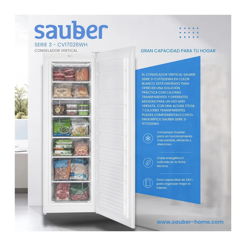 Sauber, Congelador Vertical 1 Puerta SERIE 3-CV17026WH, E, Puerta Reversible, Blanco, 171 x 60 cm, 7 Cajones, — 6