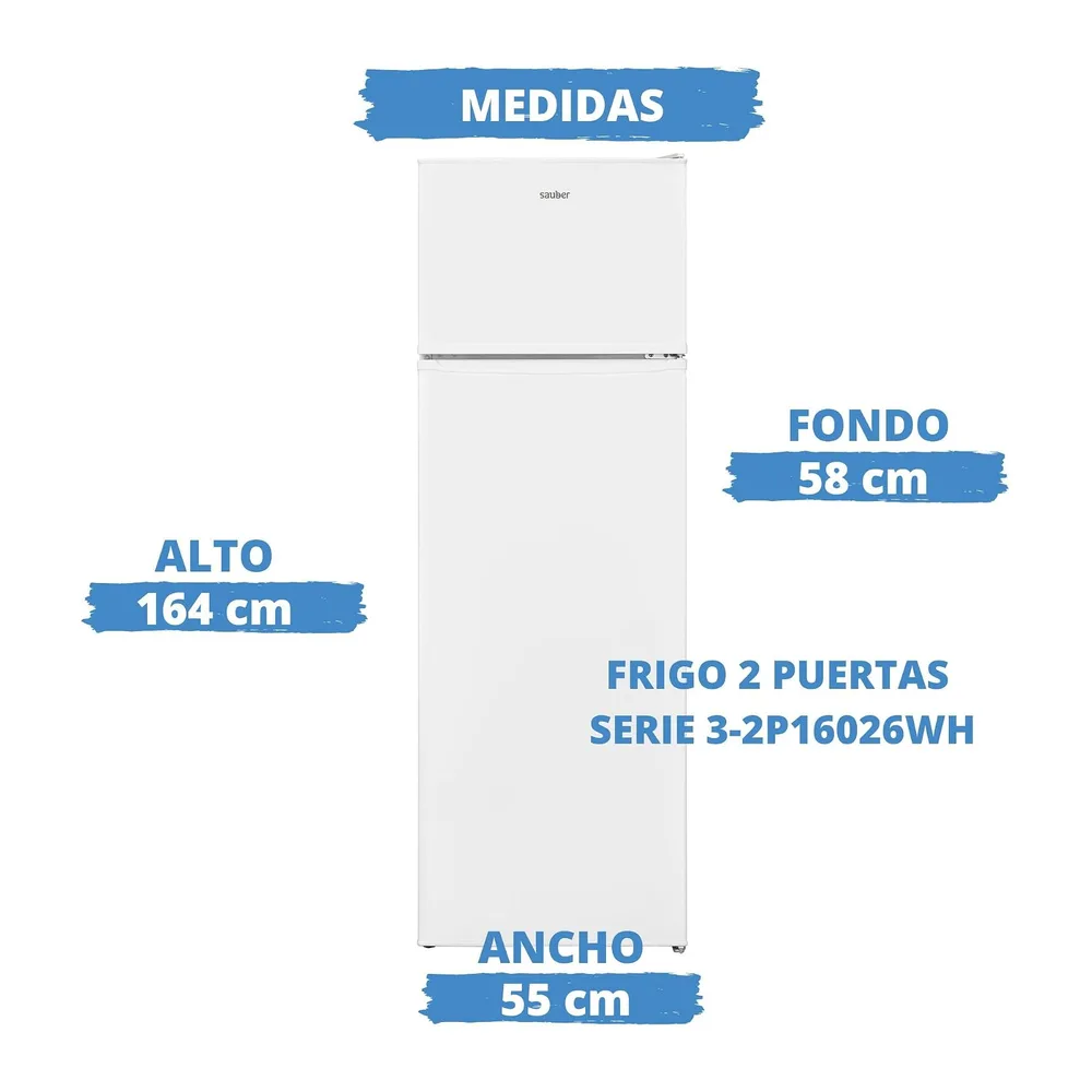 SAUBER, Frigorífico Dos Puertas SERIE 3-2P16026WH, Alto 164 x 55 cm, LUZ, Puertas Reversibles, Blanco, — 6