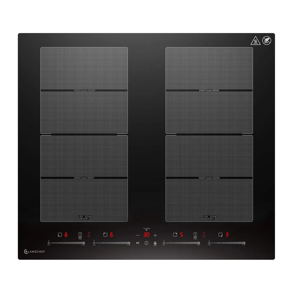AMZCHEF Placa de Inducción 60 cm, 4 Zonas con 2 Flex, Boost 7200W