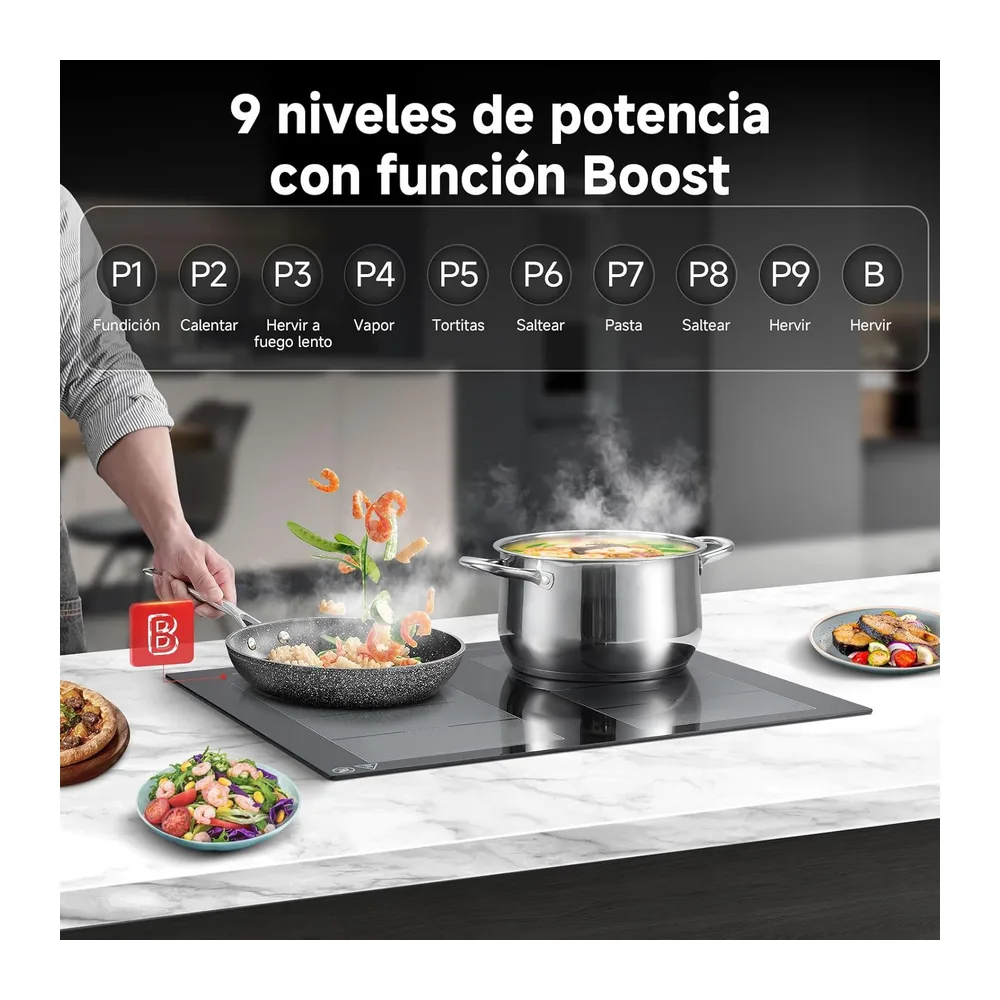 AMZCHEF Placa de Inducción 60 cm, 4 Zonas con 2 Flex, Boost 7200W — 3