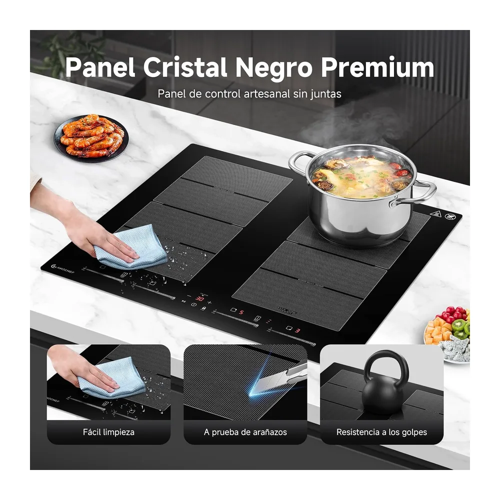 AMZCHEF Placa de Inducción 60 cm, 4 Zonas con 2 Flex, Boost 7200W — 6