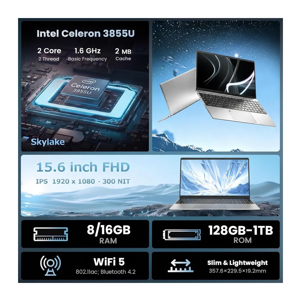 Kayoote 15.6" Portátil Win 11 Pro, 8GB RAM 256GB SSD, Pantalla 1080P FHD, Procesador 3855U, Teclado — 3