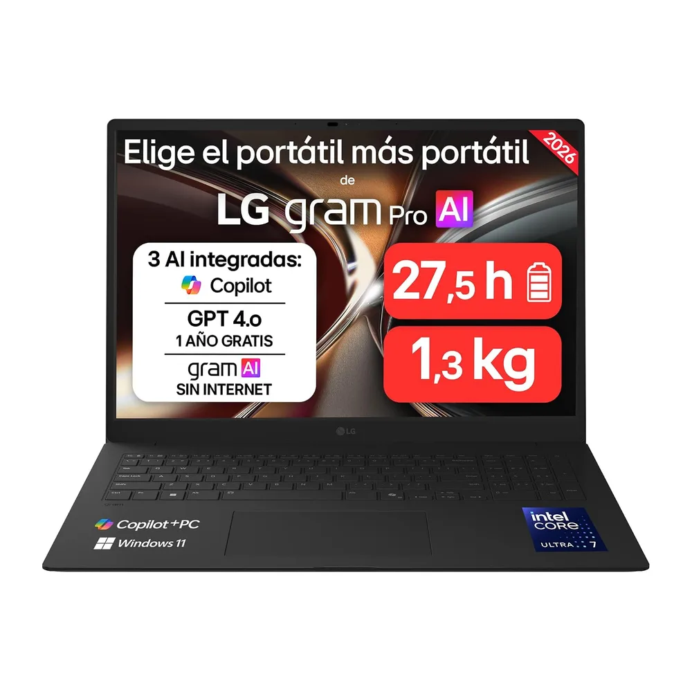 LG 17Z90U-G.AU88BN - Ordenador Portátil gram Pro Ultraligero de 17" Intel® Core™ Ultra 7 355, 3 GB RAM, 1 TB